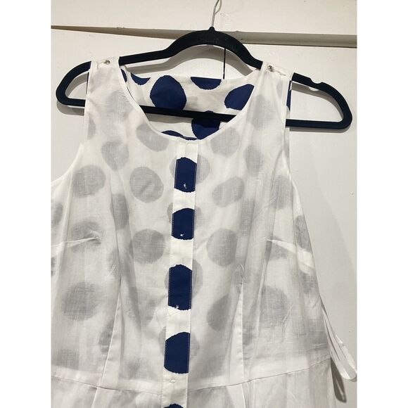 Talbots Dress Sz. 8 Polka Dot White Navy Button Pleat Fit Flare Sleeveless Belt - Picture 14 of 16